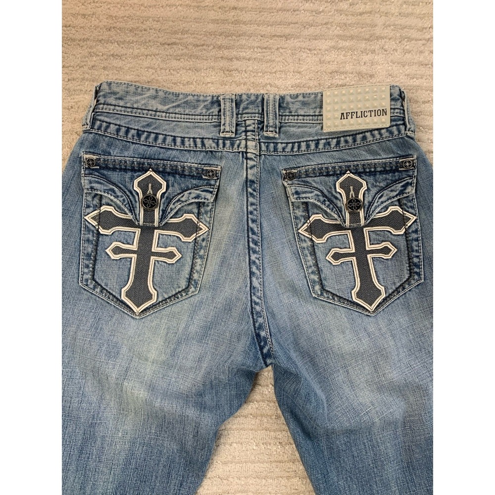 Affliction Black Premium Grant Jeans 32 Reg Bootcut Cross Y2K Distressed Denim
